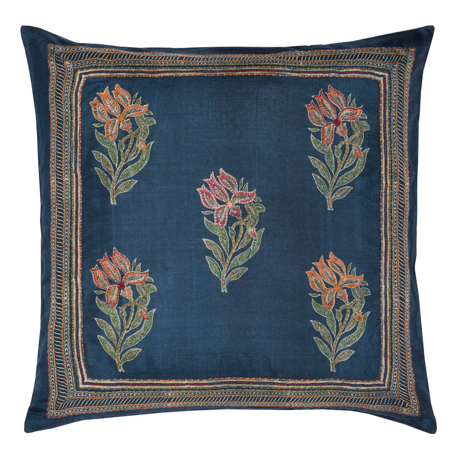 Lily Embroidered Silk Pillow Cover - Charcoal/Ruby